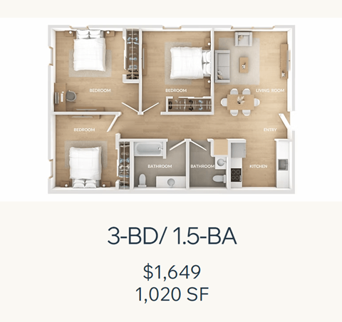 Floor plan for 3 beds, 1.5 baths, 1021 sqft